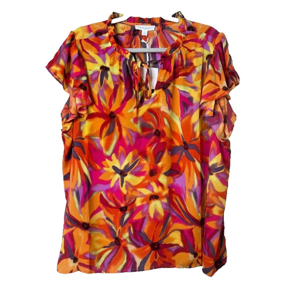 Cynthia Rowley Size 2X Floral Orange Red Top Blouse Lightweight Ruffle Tie Short - Picture 1 of 10